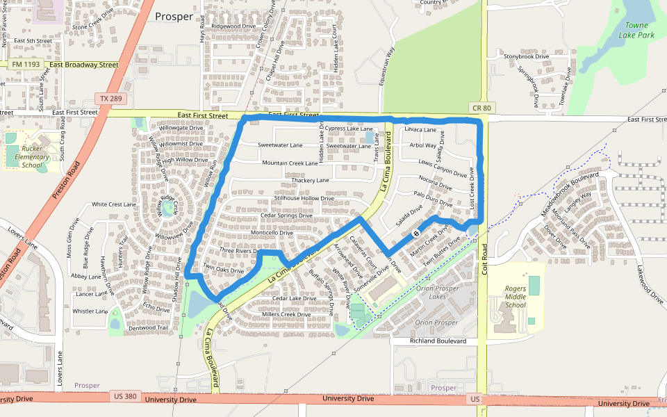 Pecan Grove Park walking route map in Prosper