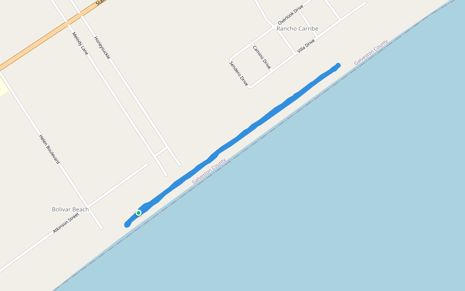 Galveston beach walking route map in Bolivar Peninsula