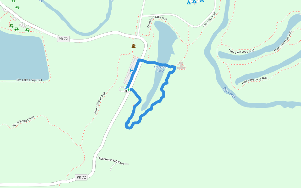 Creekfiekd lake trail walking route map in Damon