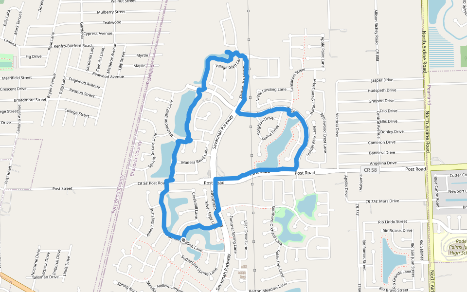 Lakes of Savanah Splashpad walking route map in Rosharon
