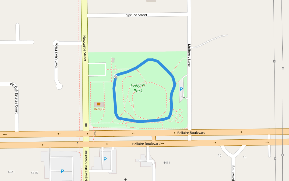Evelyn’s Park walking route map in Bellaire