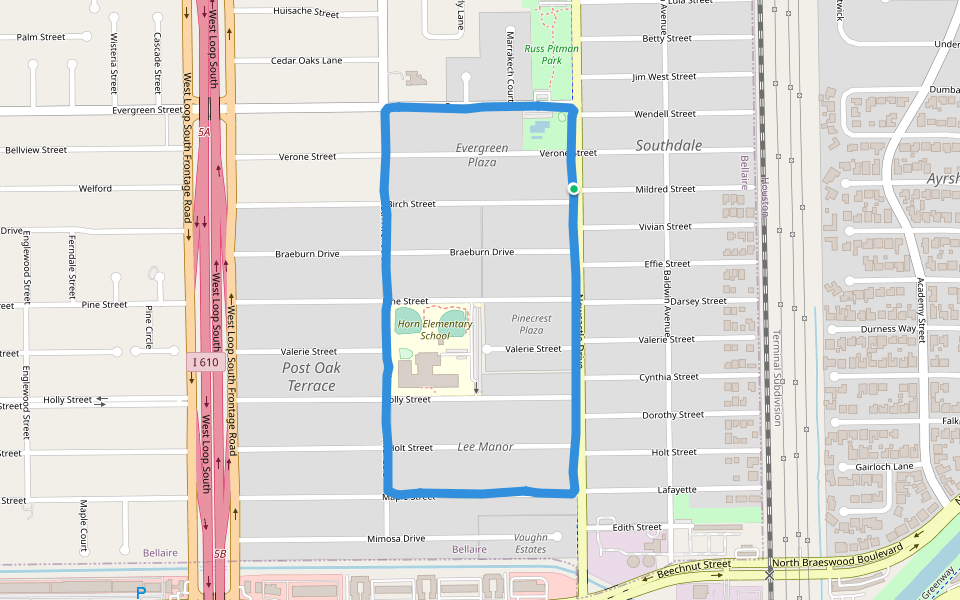 Evergreen Park walking route map in Bellaire