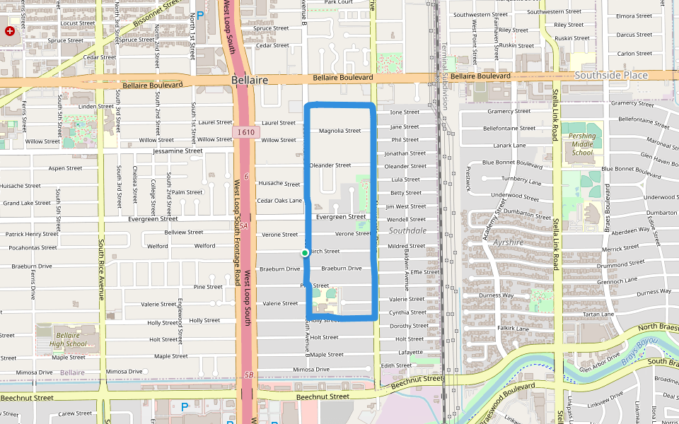 Russ Pitman Park walking route map in Bellaire