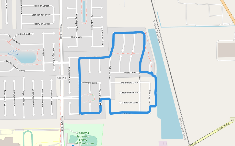 Pearland Recreation Center and Natatorium walking route map in Pearland