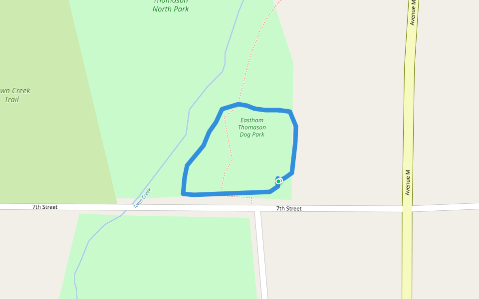 Eastham Thomason Dog Park walking route map in Huntsville