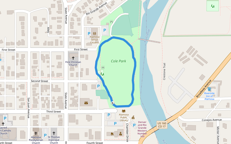 Cole Park walking route map in Alamosa