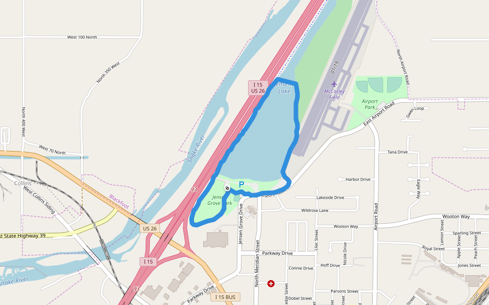 Jensen Grove Park walking route map in Blackfoot