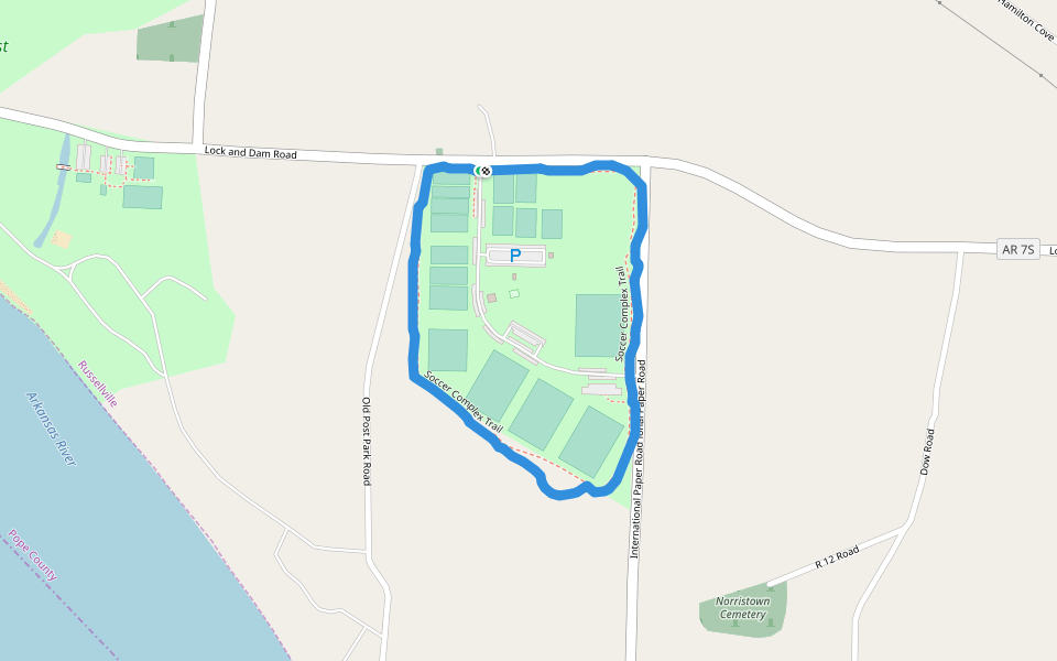 Lock and Dam Soccer Park walking route map in Russellville