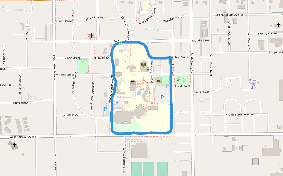 Dakota Wesleyan University walking route map in Mitchell