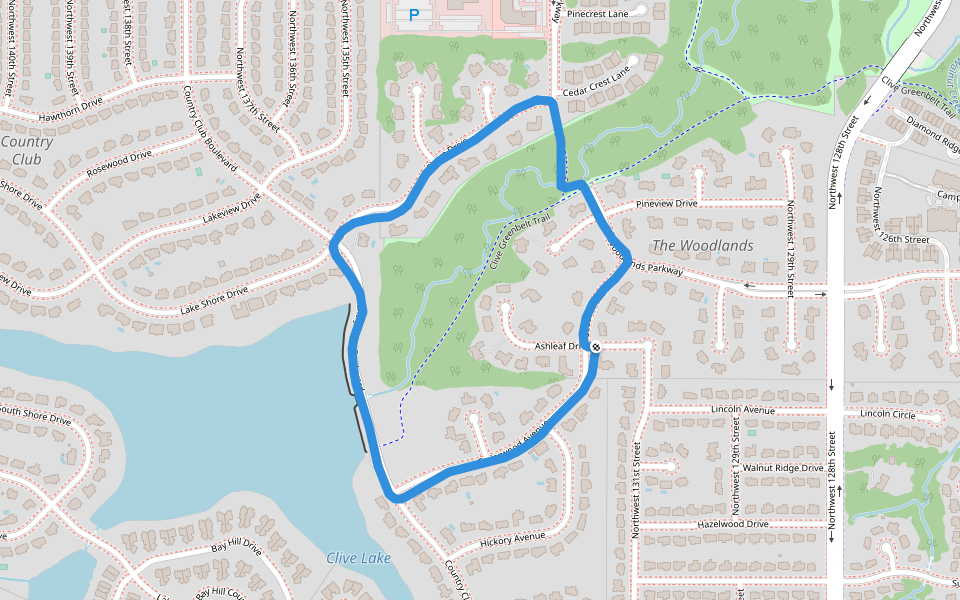 Country Club Lake walking route map in Clive