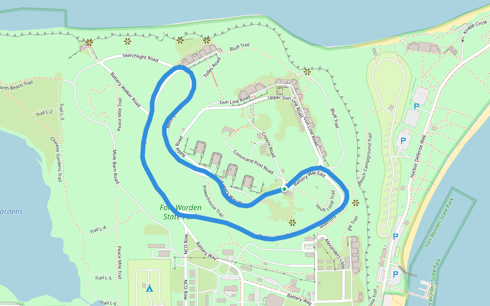 Fort Worden State Park walking route map in Port Townsend