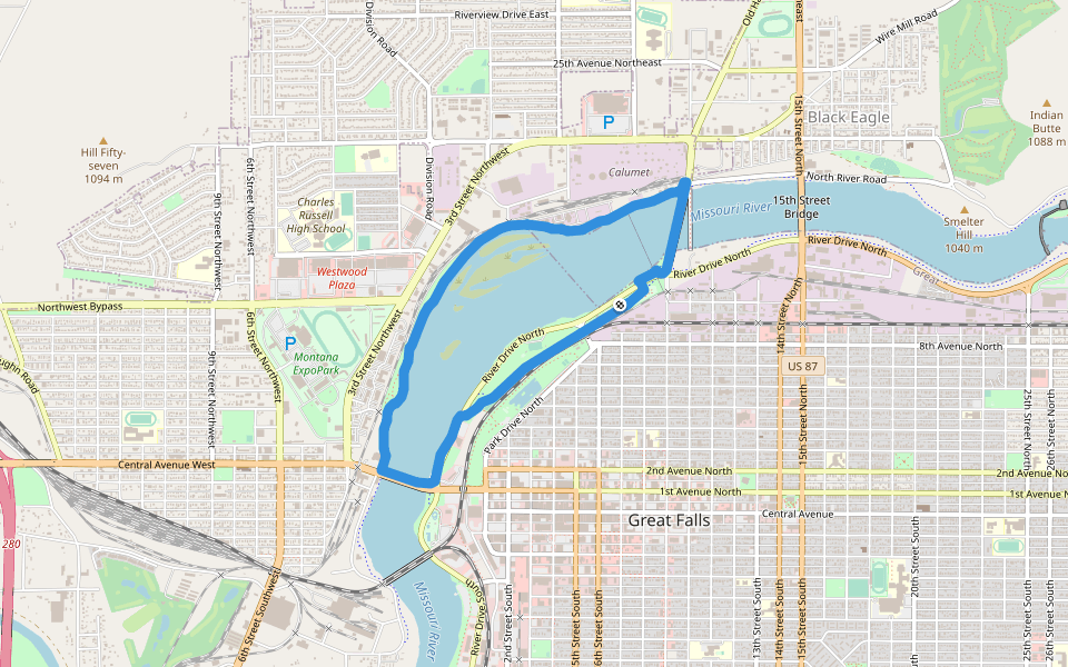 Elk's Riverside Park walking route map in Great Falls