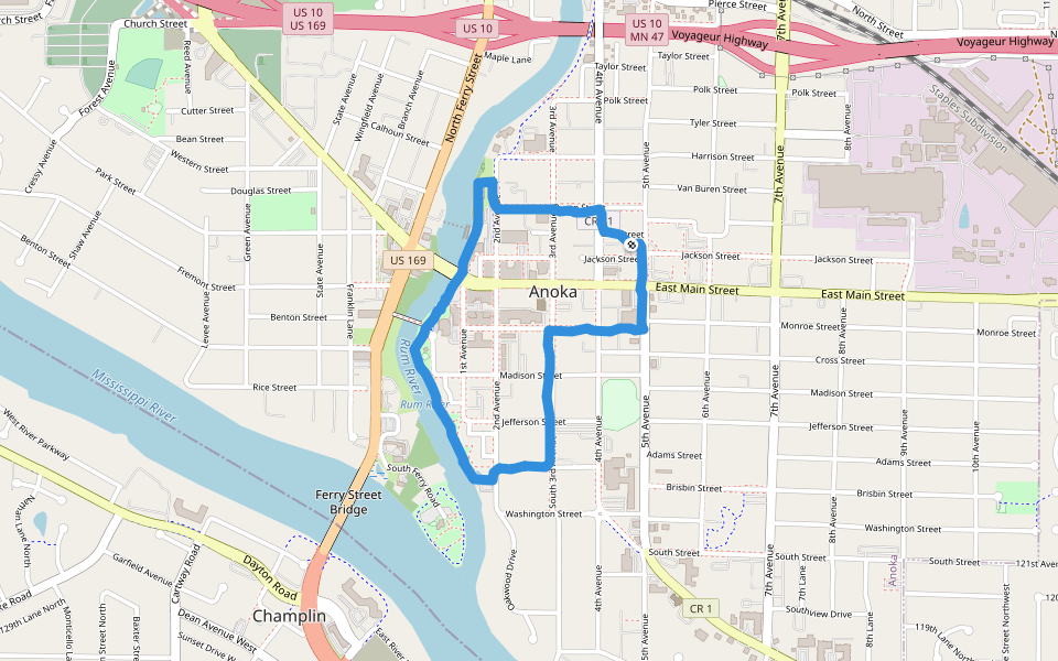 Rum River walking route map in Anoka