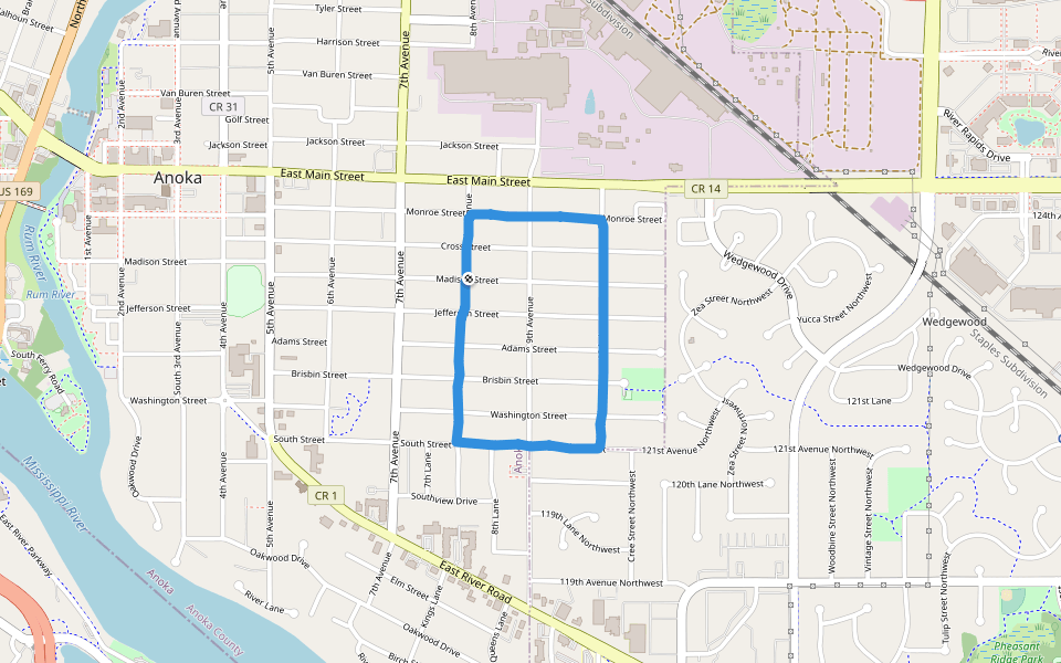 Brisbin Park walking route map in Anoka