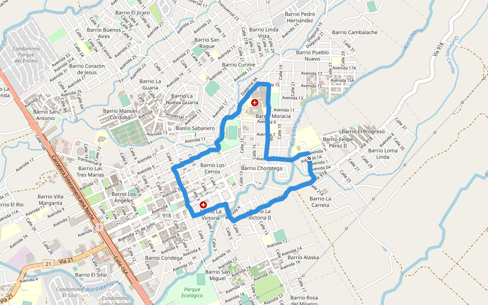 Estadio Edgardo Baltodano Briceño walking route map in Liberia