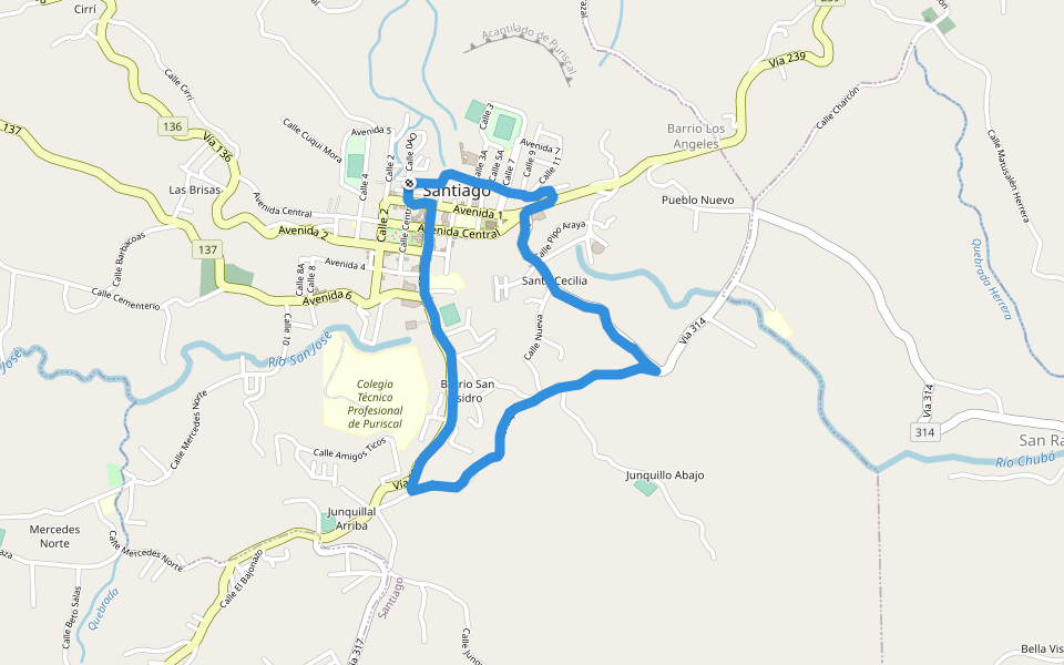 Plaza el Terron walking route map in Santiago de Puriscal