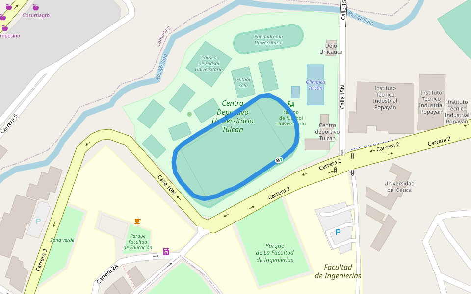 Centro Deportivo Universitario Tulcan walking route map in Popayán