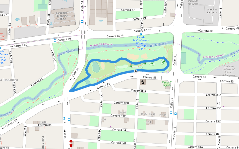 Parque Biosaludable Río Melendez walking route map in Bogotá