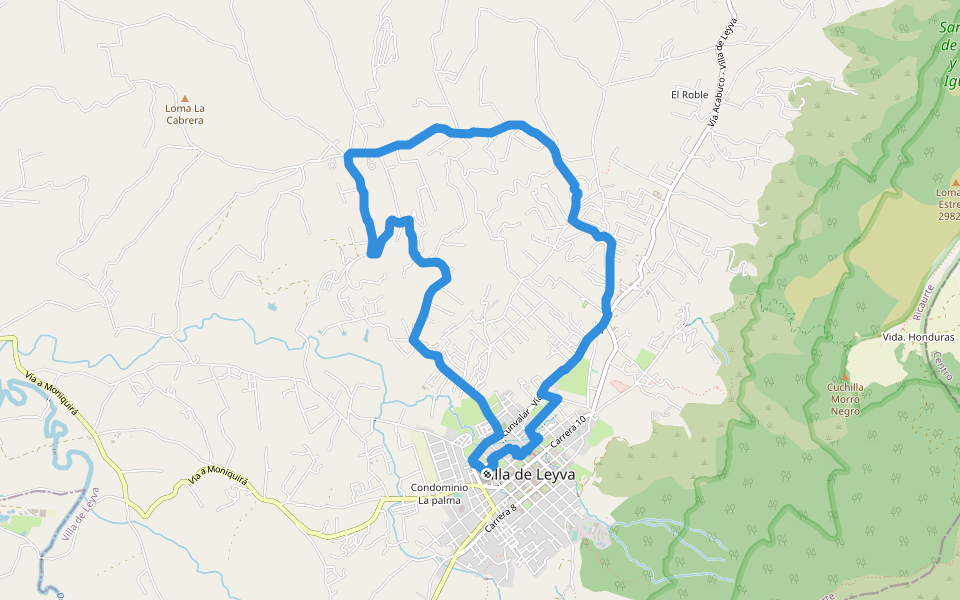 Plaza del Carmen walking route map in Villa de Leyva