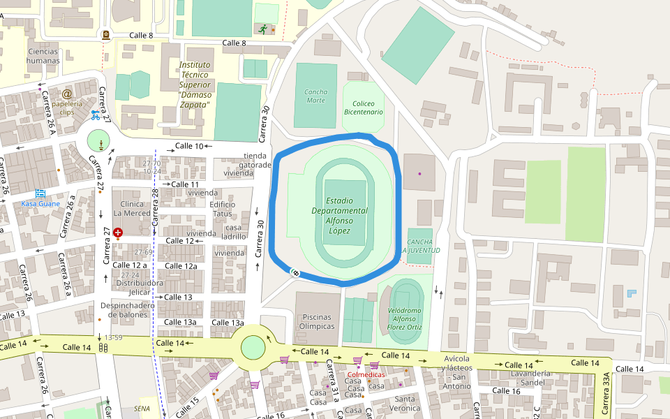Estadio Departamental Alfonso López walking route map in Piedecuesta