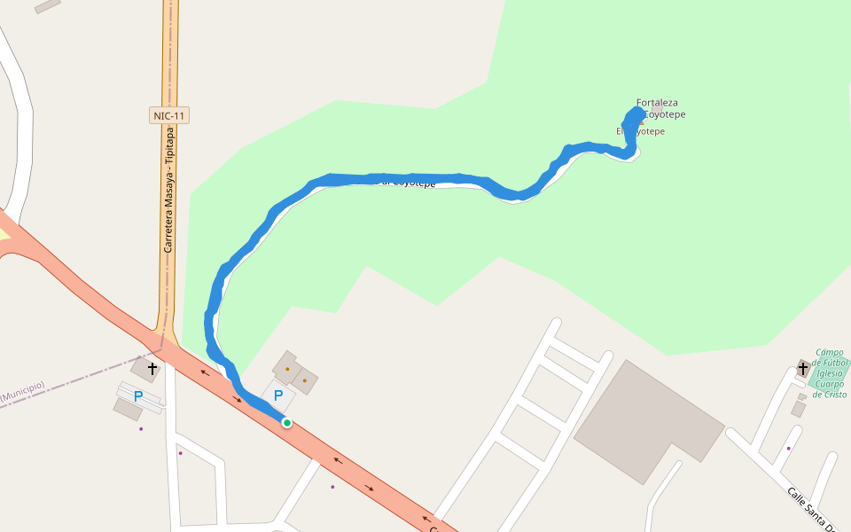 El Coyotepe walking route map in Masaya