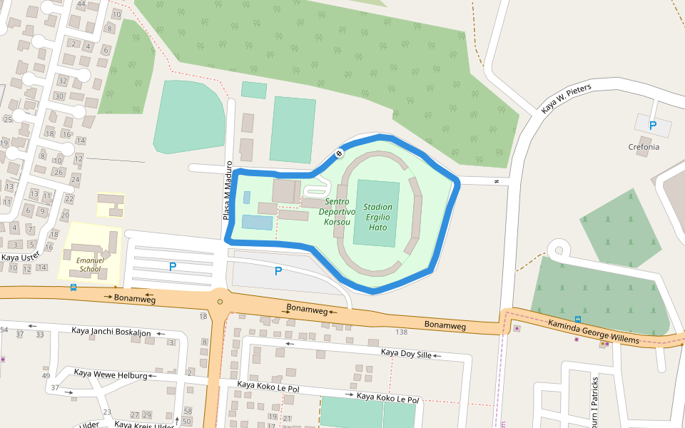 Sentro Deportivo Korsou walking route map in Willemstad