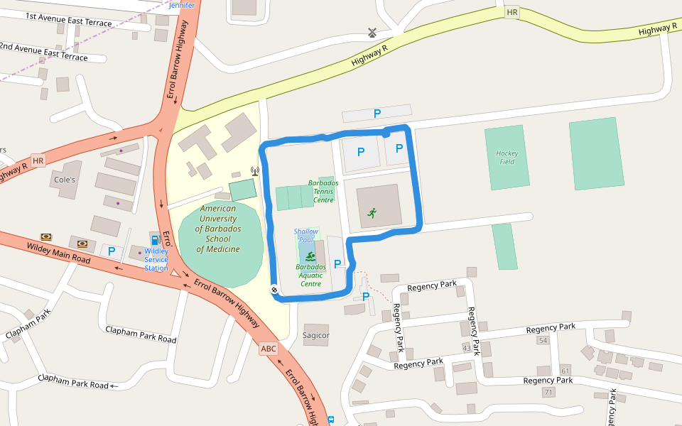 Barbados Aquatic Centre walking route map in Bridgetown