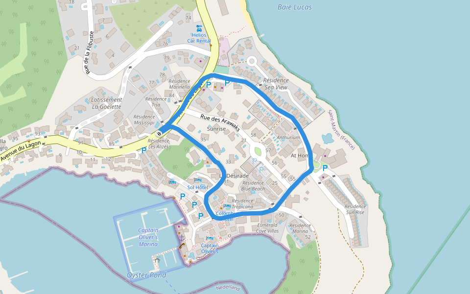 Colombus Hôtel walking route map in Marigot