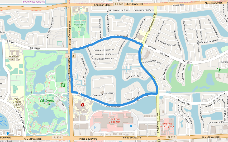 Flamingo Villas walking route map in Pembroke Pines