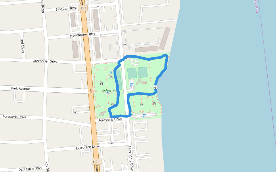 Kelsey Park walking route map in Lake Park