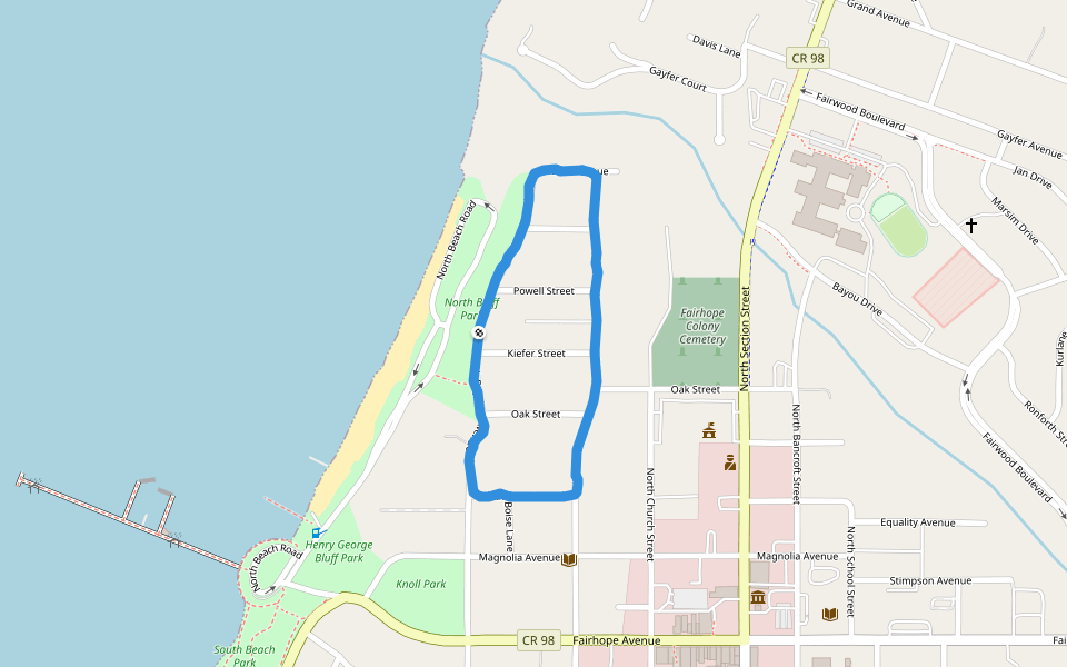 North Bluff Park walking route map in Fairhope