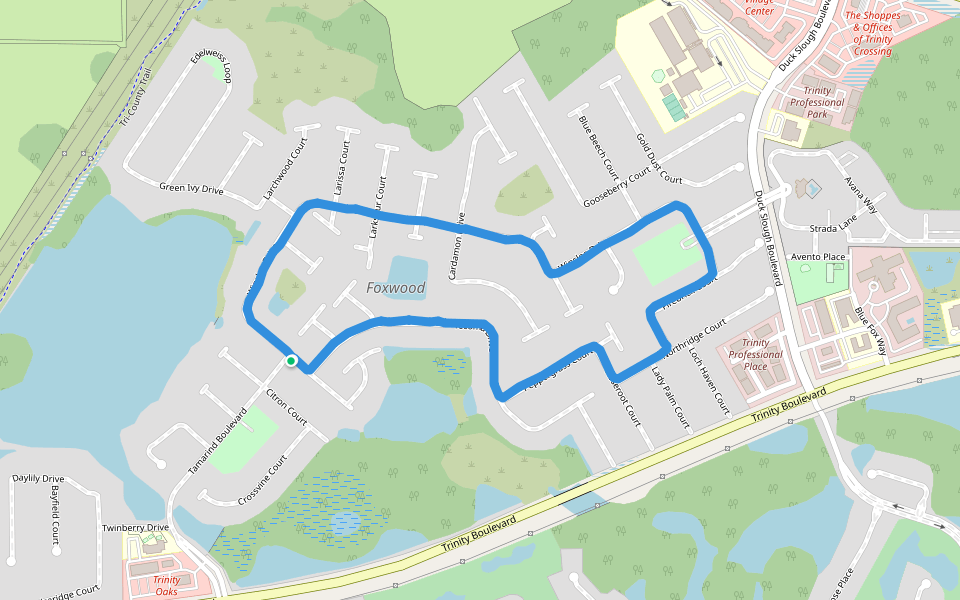 Fox Wood Resident Park walking route map in Trinity