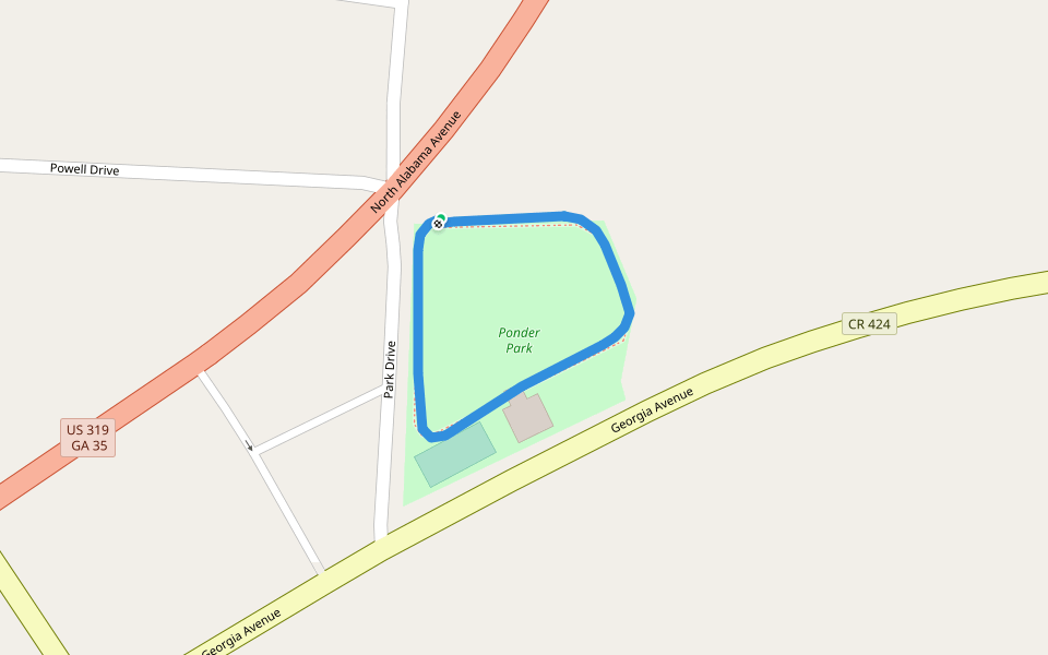 Ponder Park walking route map in Omega