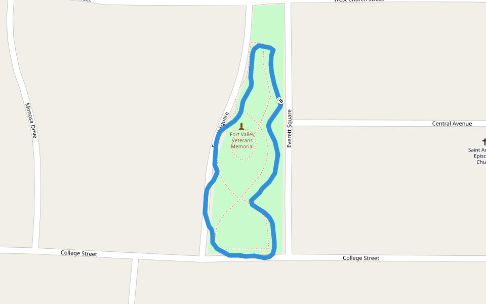 Everett Square Park walking route map in Fort Valley