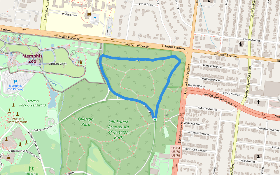 Overton Park walking route map in Memphis
