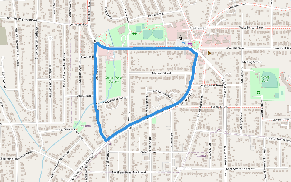 Oakview Road Park walking route map in Decatur