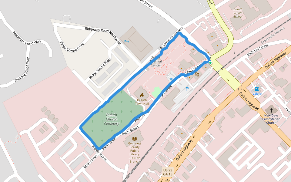 Duluth Town Green walking route map in Duluth