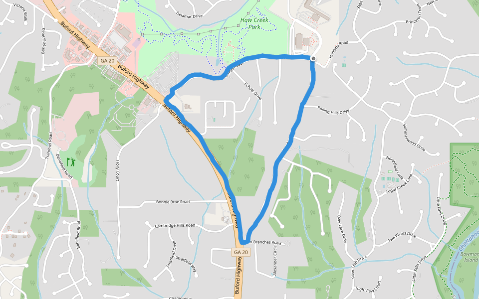 Haw Creek Park walking route map in Cumming