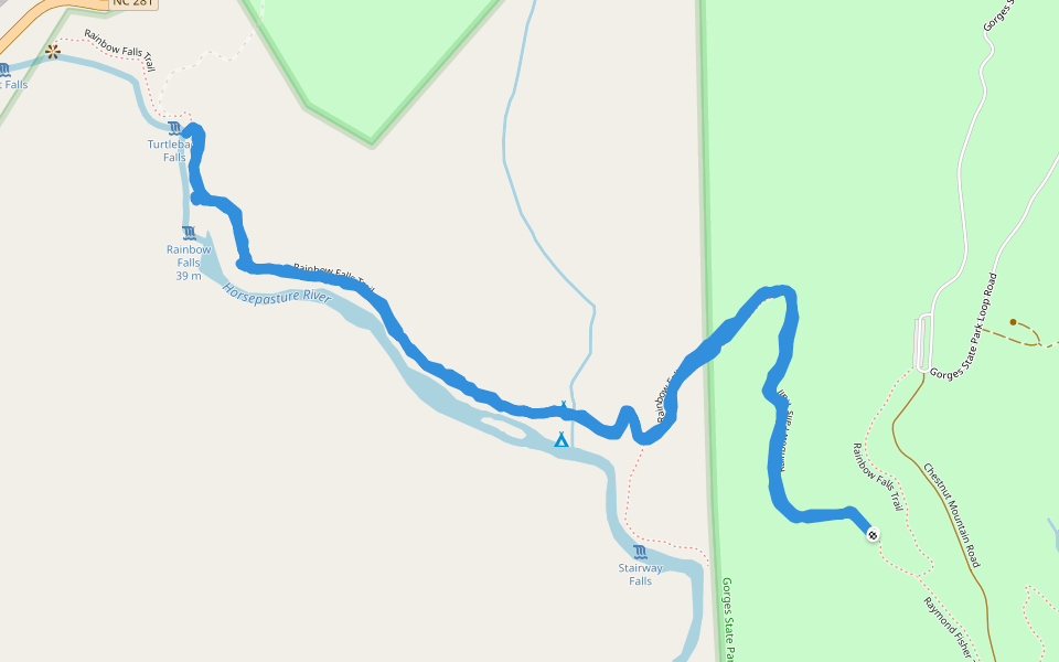 Gorges State Park - Rainbow Falls Trail walking route map in Lake Toxaway