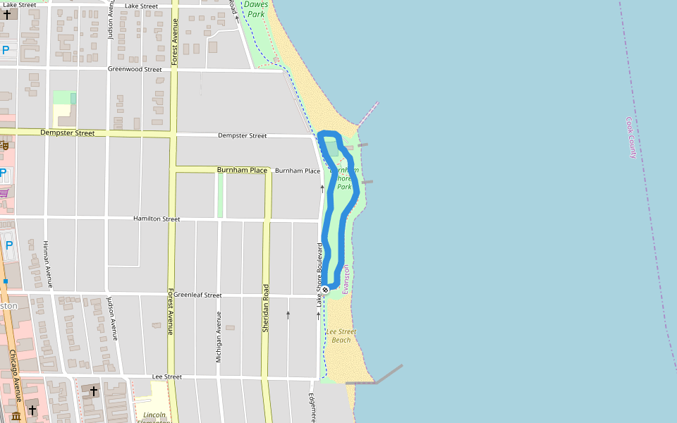 Burnham Shores Park walking route map in Evanston