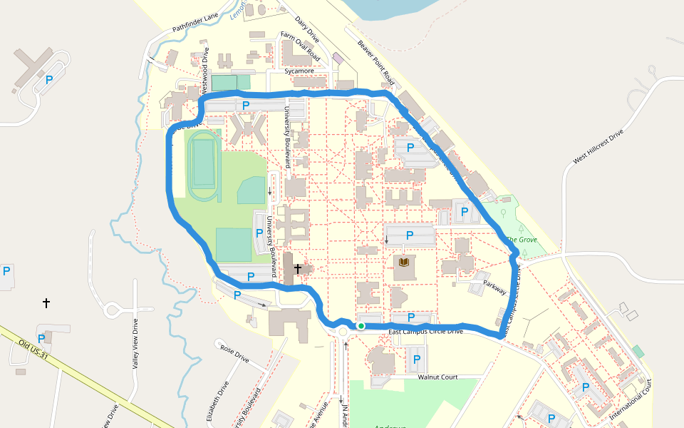 Andrews University walking route map in Berrien Springs