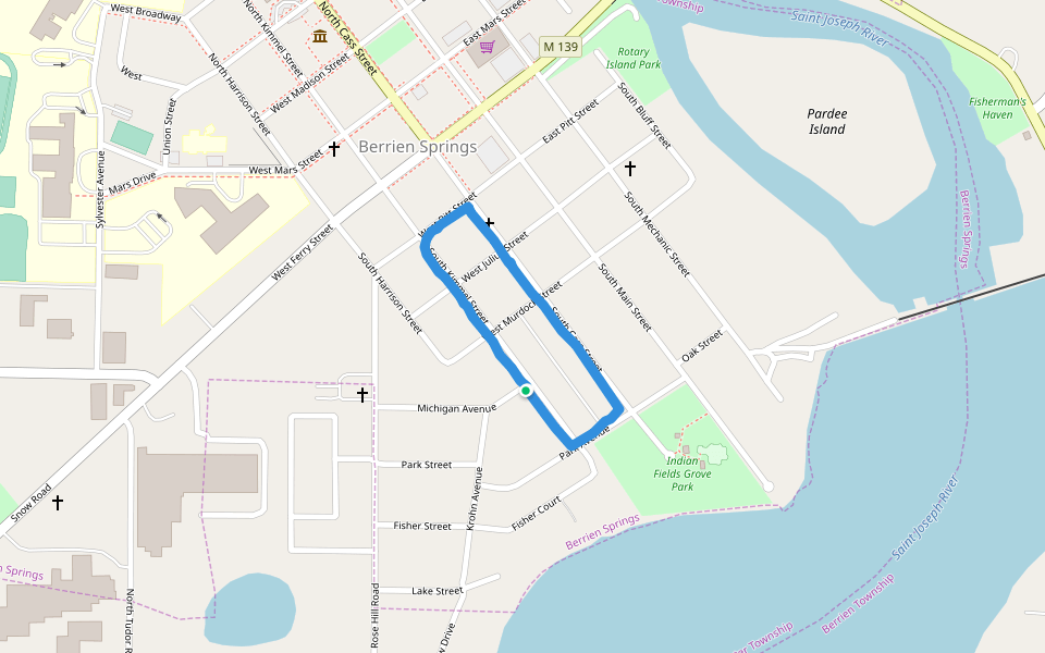 Indian Fields Grove Park walking route map in Berrien Springs