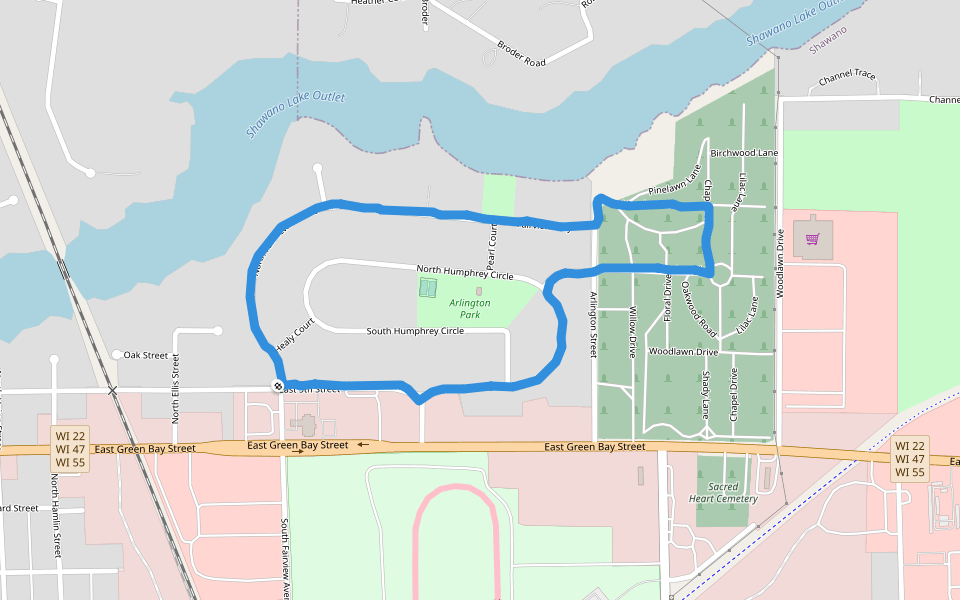 Pearl Court Park walking route map in Shawano