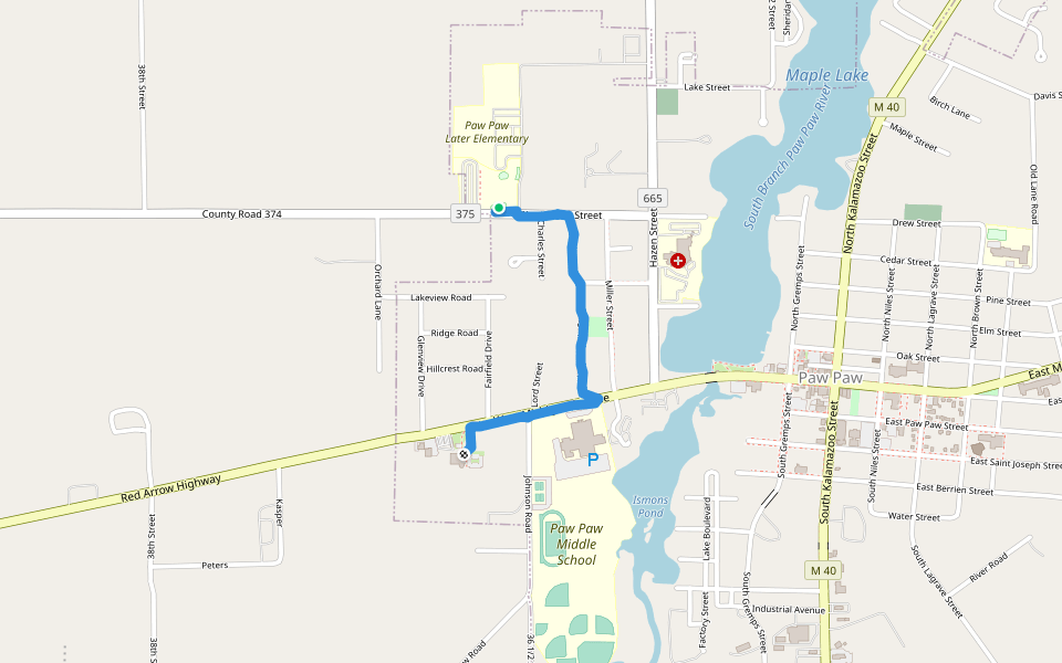 Paw Paw Elementary - Paw Paw Public Library walking route map in Paw Paw