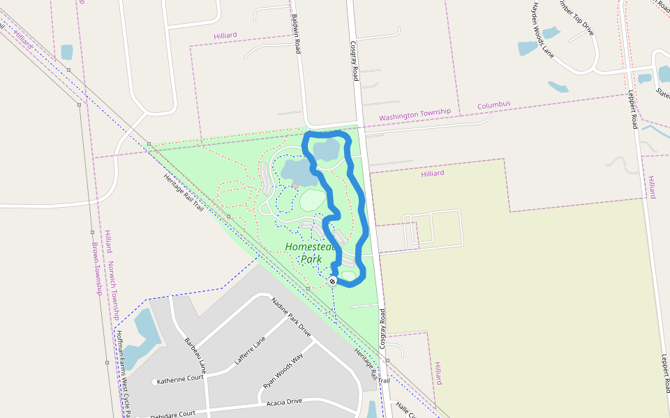 Homestead Park walking route map in Hilliard