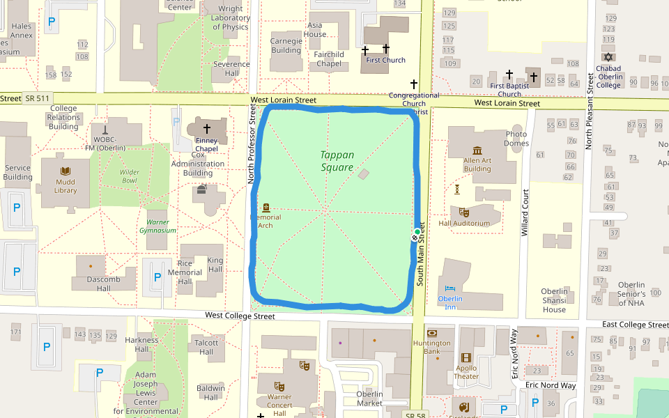 Tappan Square walking route map in Oberlin