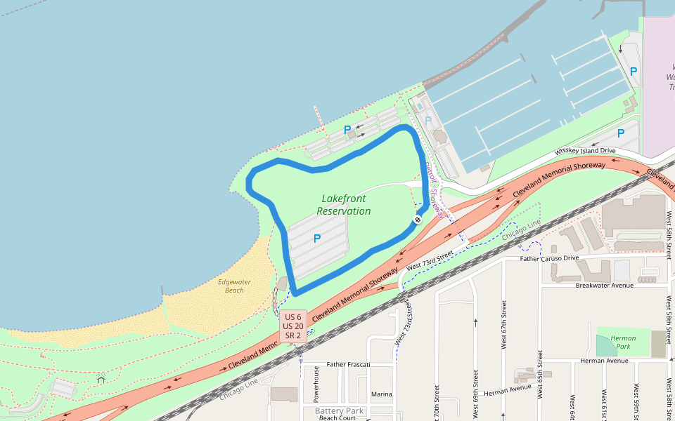 Lakefront Reservation walking route map in Cleveland