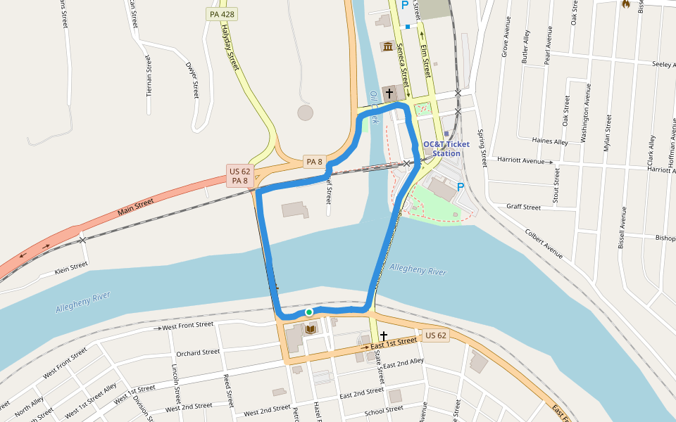 Allegheny River walking route map in Oil City