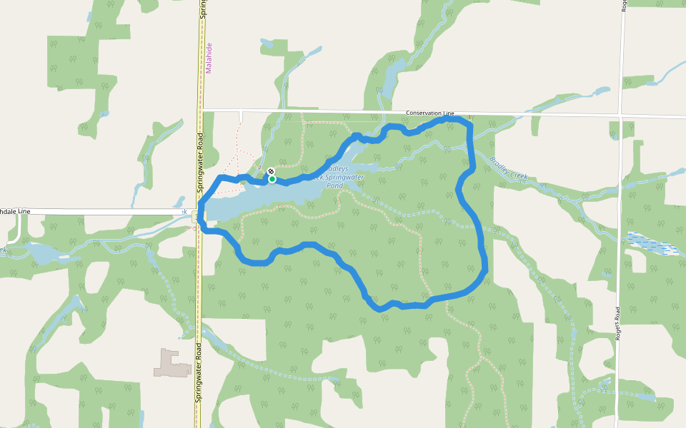 Bradleys Creek;Springwater Pond walking route map in Aylmer
