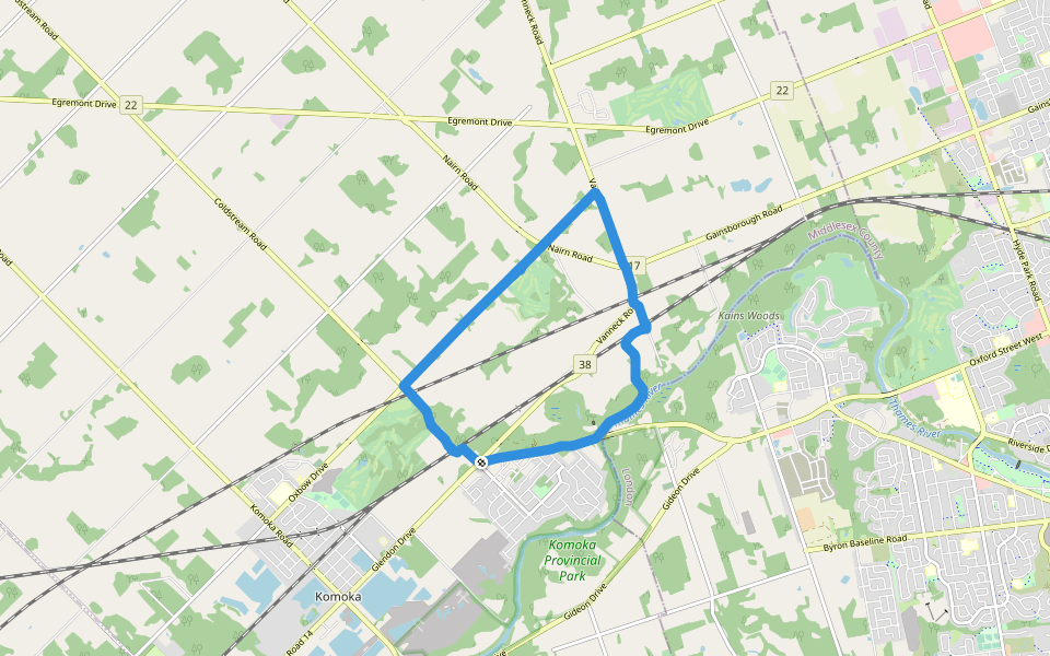 Thames River walking route map in Komoka